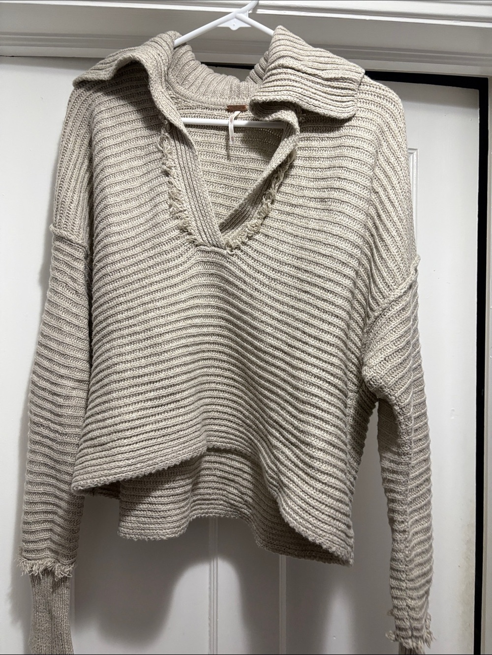 Free People Cream Ribbed V-Neck Collared Sweater